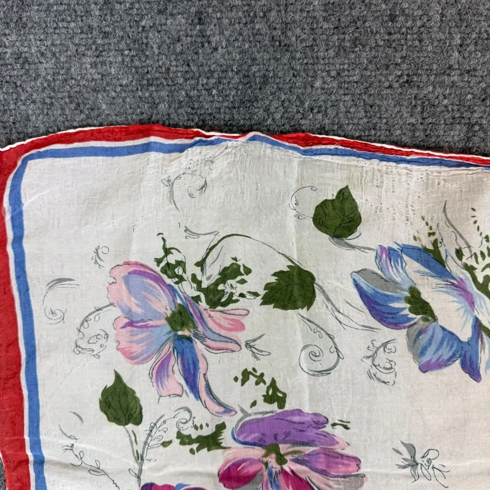 Vintage Floral Handkerchief Scarf White Pink Blue Anemone Flower Red Blue Border